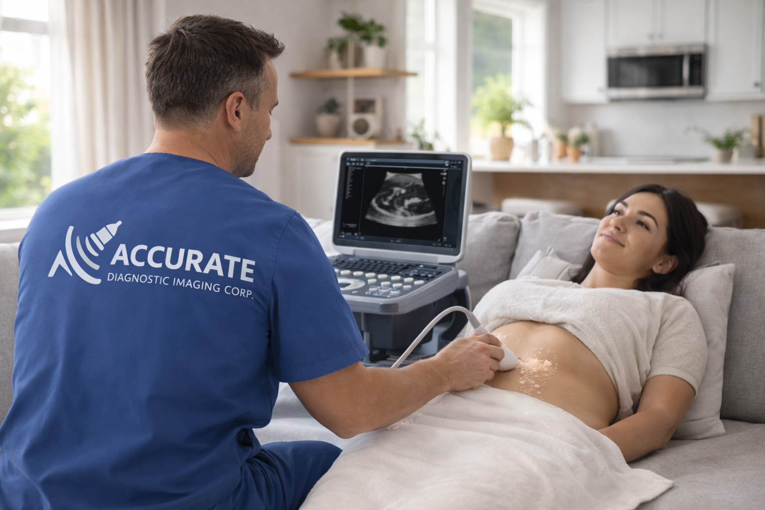 Técnico certificado de Accurate Diagnostic Imaging realizando ultrasonido prenatal a domicilio en Miami
