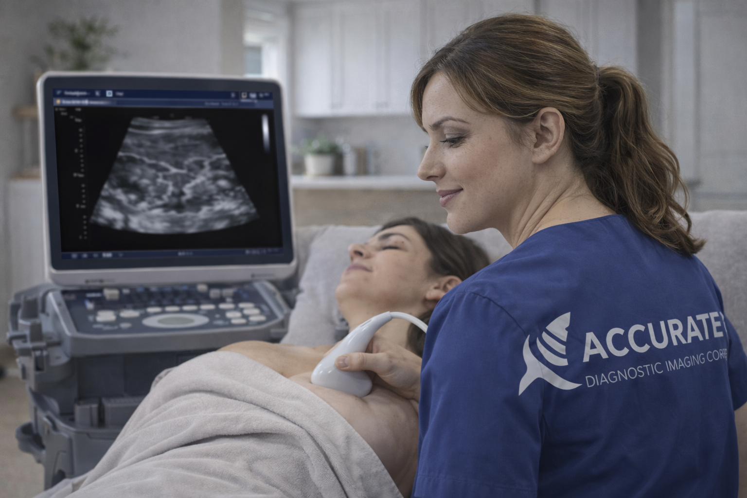 Ecocardiograma a domicilio en Miami - técnico realizando ultrasonido cardiovascular con Doppler color